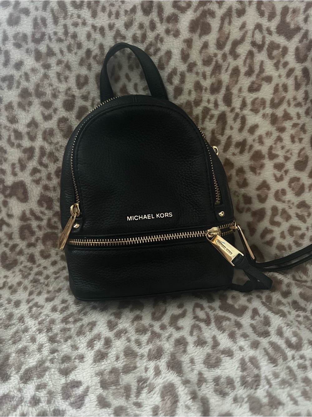 Michael Kors Black Leather Mini Rhea Backpack with Gold Hardware